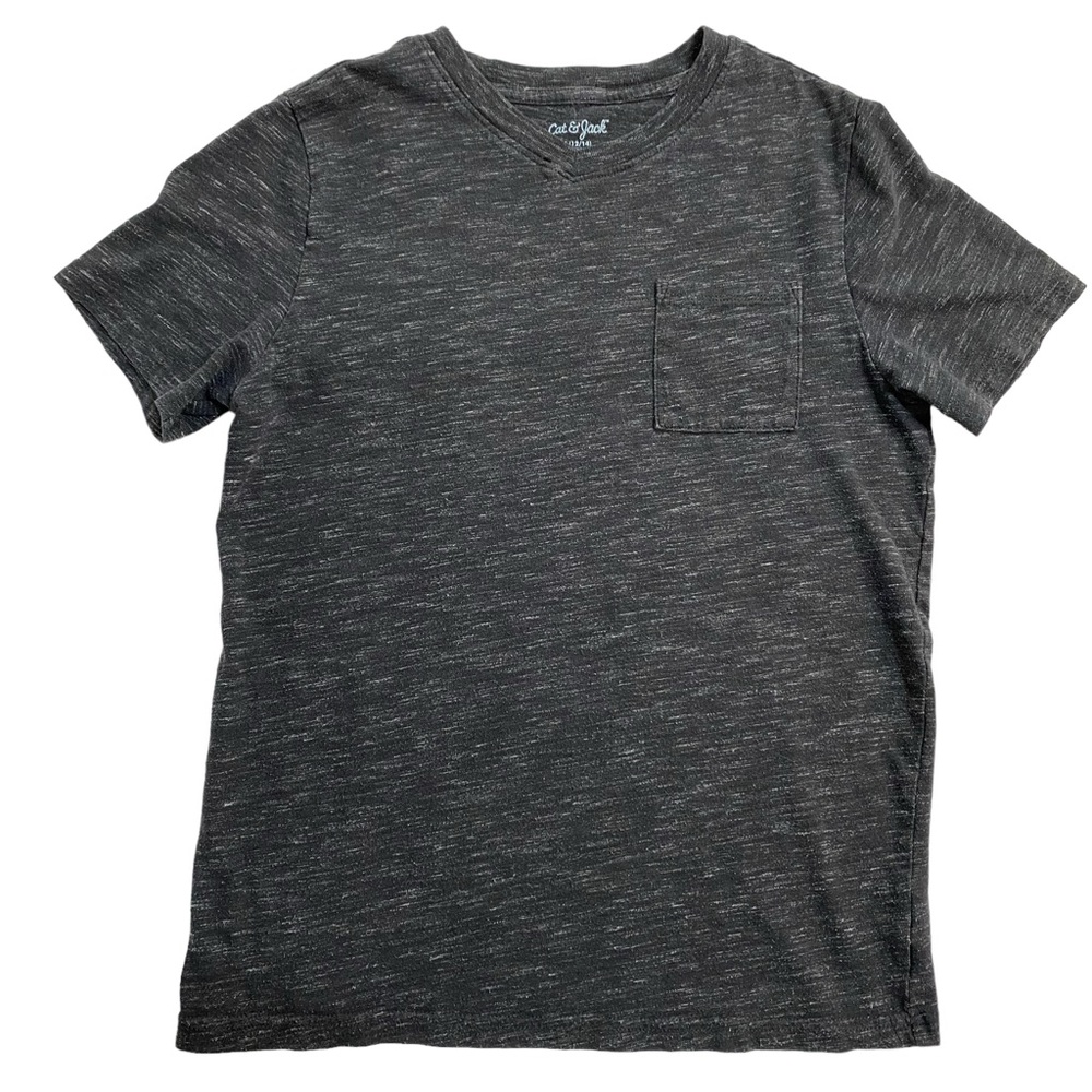 CAT&JACK T-Shirt Gray Size Large 12/14 Short Sleeve V-Neck Chest Pocket